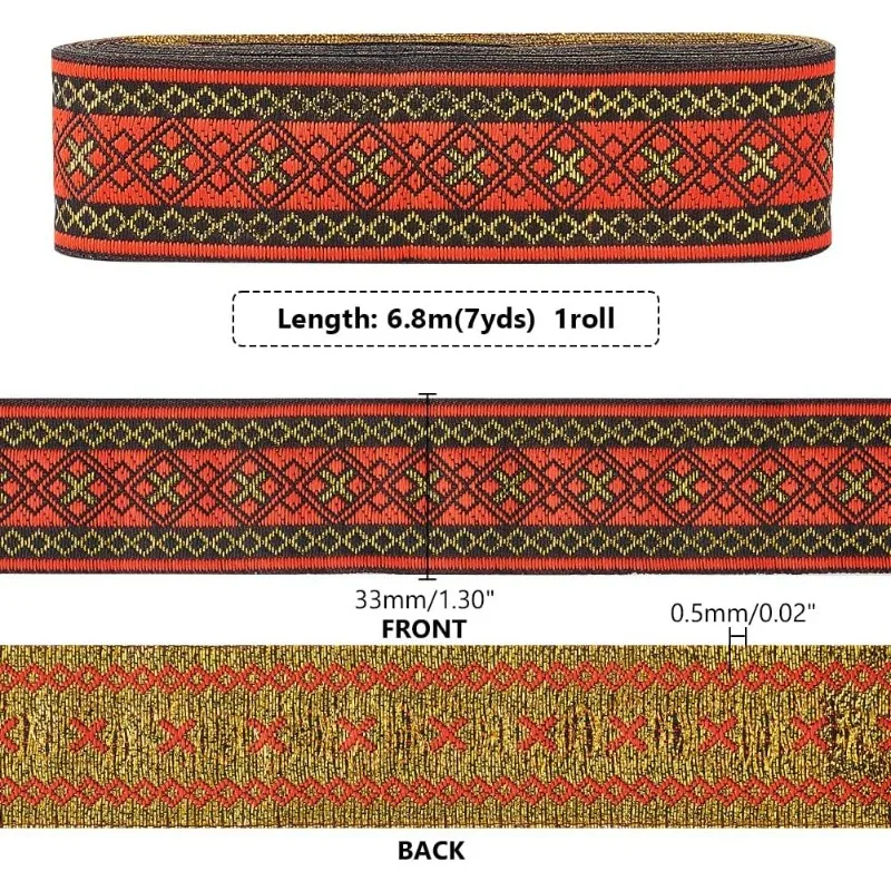 7.6 Yards Jacquard Ribbon Geometric Woven Trim Ethnic Ribbon 1.3 Inch/ 3.3cm Red Embroidered Ribbon Jacquard Braid Trim