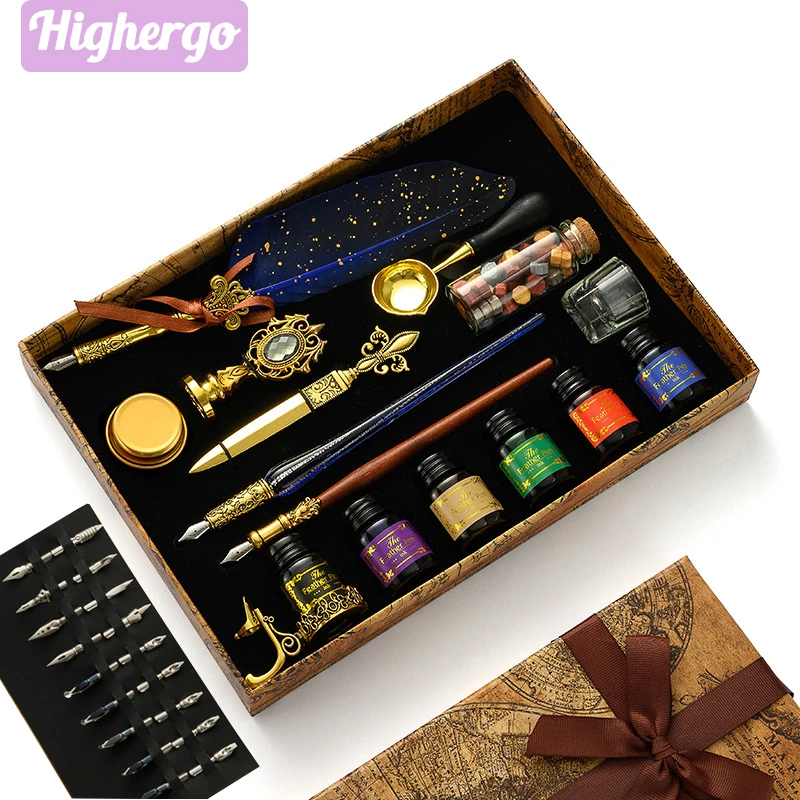 Highergo Vintage Calligraphy Feather Pen Wax Seals Stamp Set 6 Colors Ink and Glass Dip Pen Kit with 18 Nibs for Kids Girls Gift