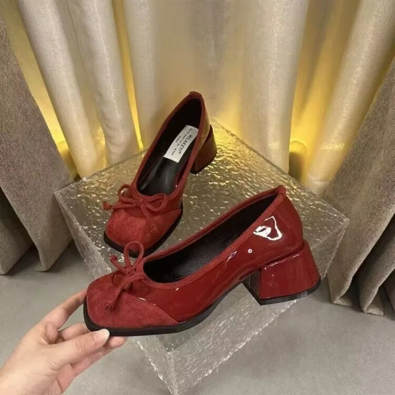 Women's Shoes Red Square Toe Ladies Pumps Block Heel with Bow Shoe Elegant Dress on Sale Quick Delivery Comfortable Spring Y2k