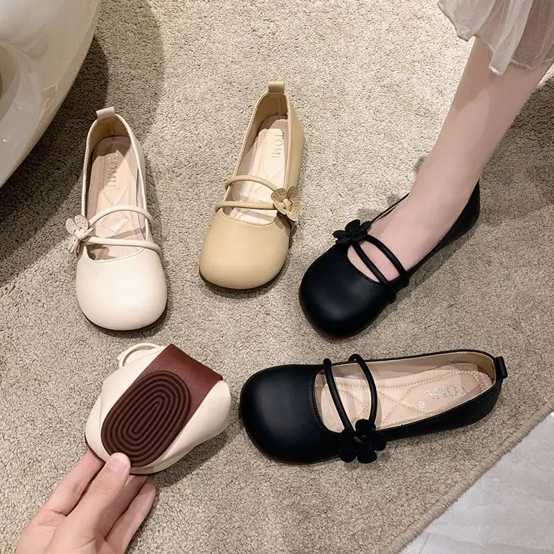 Koreański styl damski Flats New 2024 Fashion Flower Button Square Toe Mary Jane Shoes for Woman Comfort Casual Shoe Ballerina Flats