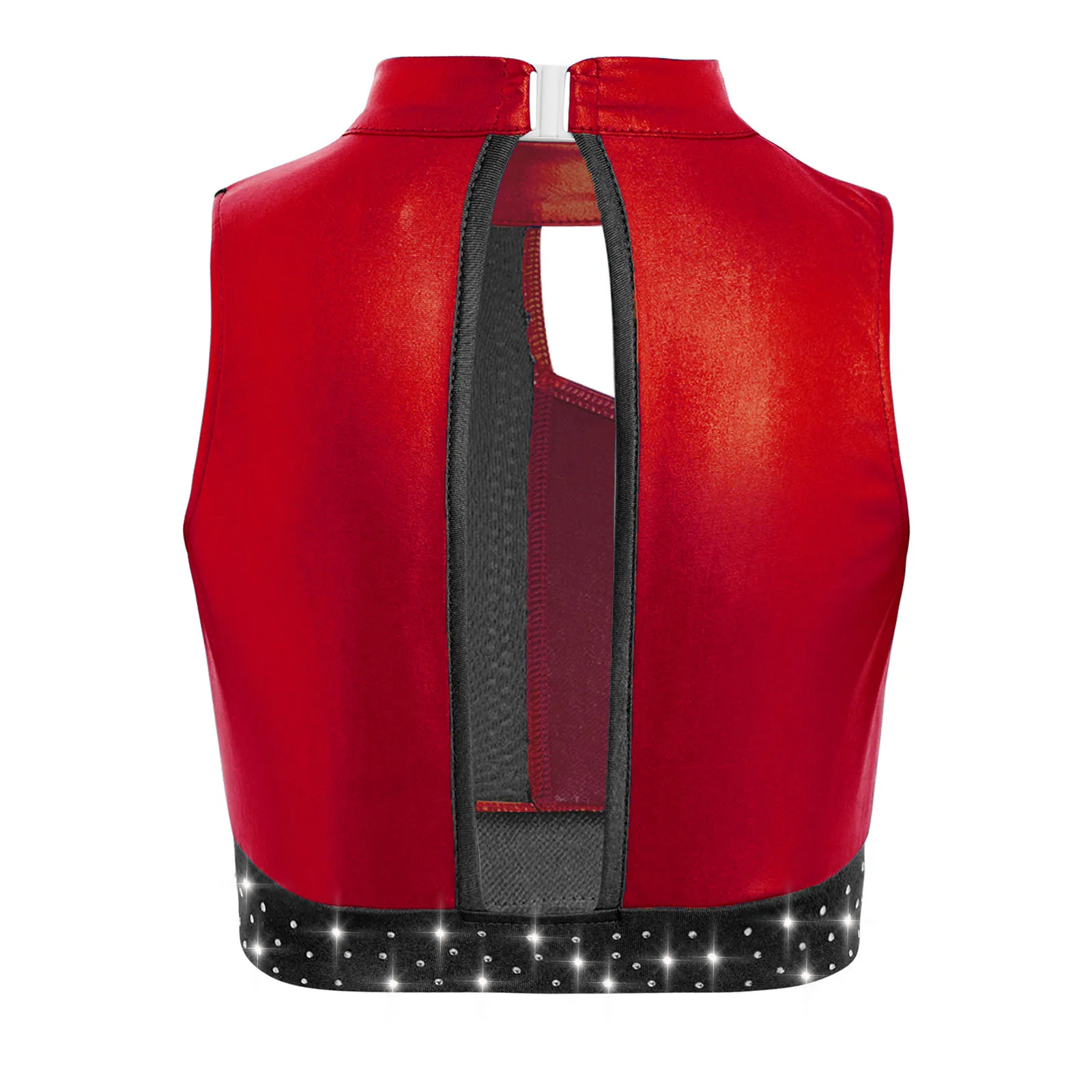 Kids Girls Gymnastics Dance Tops Practice Performance Costume Mock Neck Sleeveless Cutout Shiny Rhinestones Metallic Crop Top