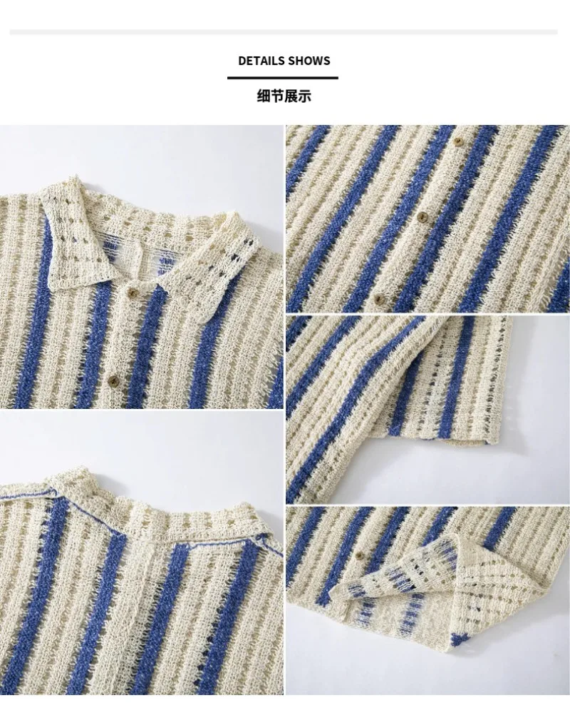 Herren Gestreiftes Häkel-Hohlgewirktes Hemd mit Kragen 100% Baumwolle Kurzarm Knopfleiste Bluse Sommer Strand Urlaub Lässiges Strick-Oberteil – Detail 6