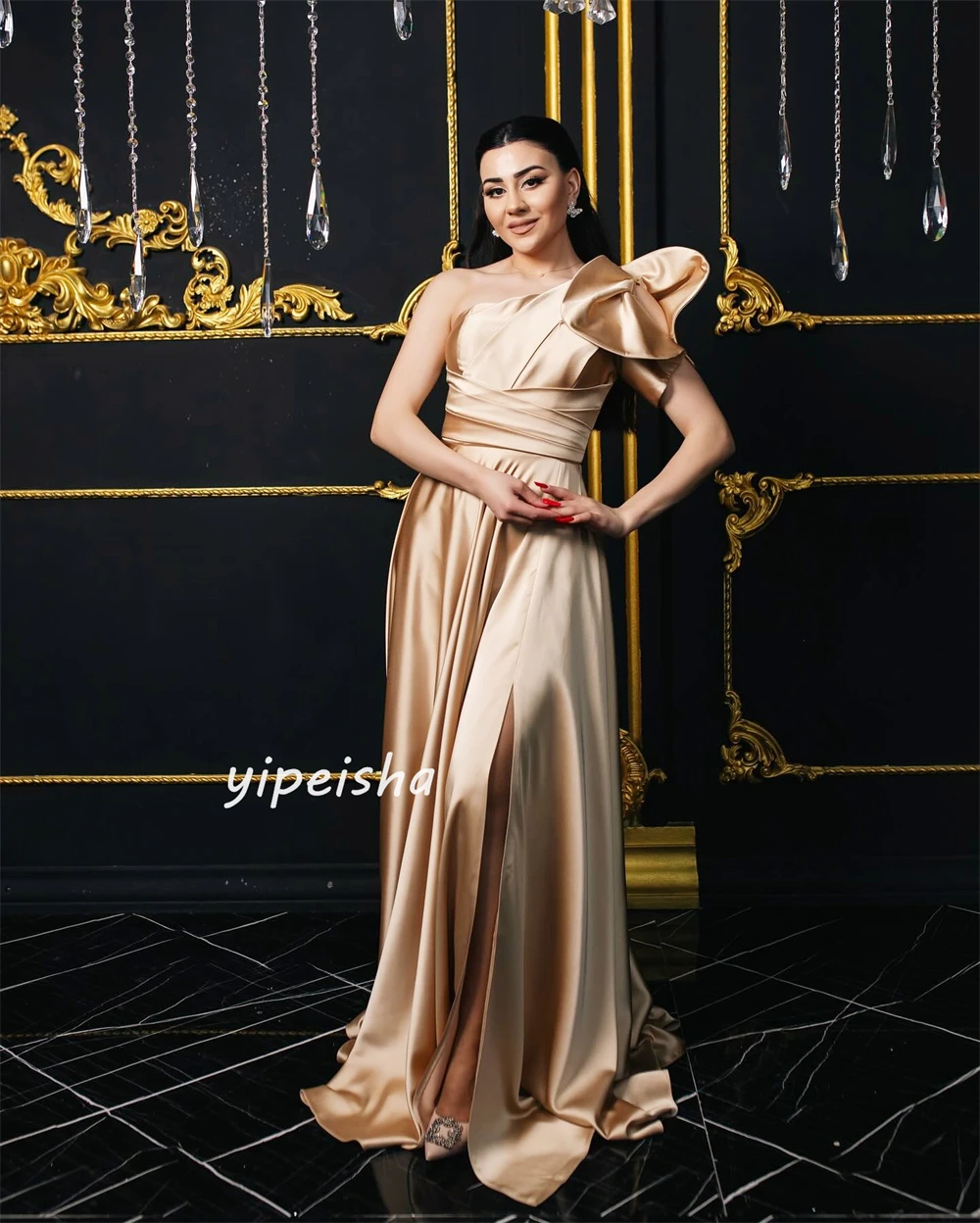 Satin Pleat Party A-line One-shoulder Bespoke Occasion Gown Long Dresses