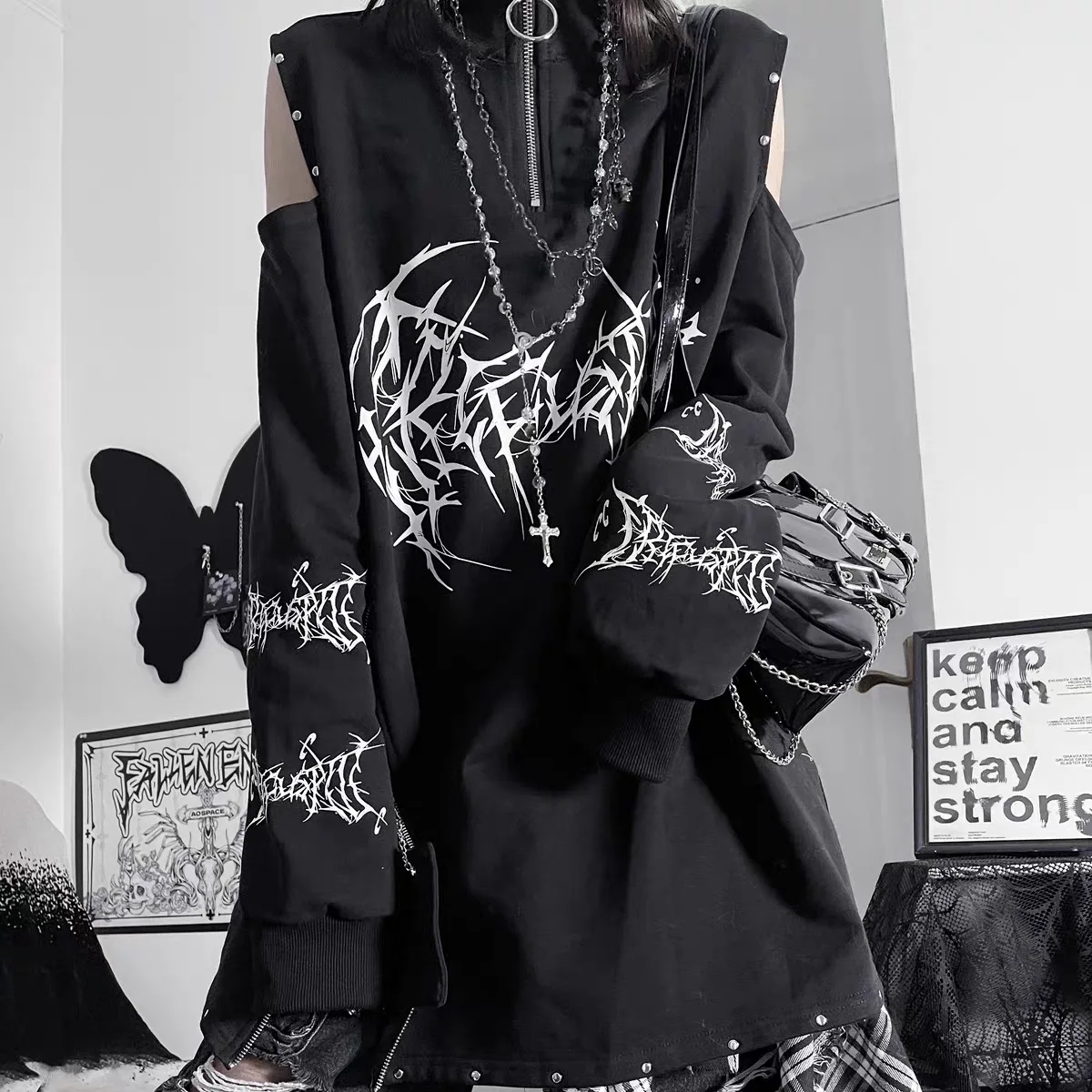 2026 Fall‑Winter Women American Street Dark‑Aesthetic Cut‑Out Sweatshirt, Long‑Sleeve Abstract Print Unique Pullover Top