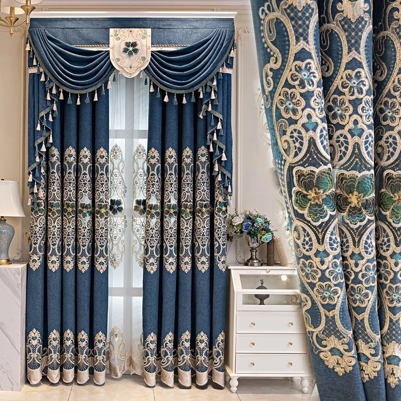 

Custom High-grade living room bedroom embroidery curtain blue chenille cloth blackout curtain tulle valance drape C1754