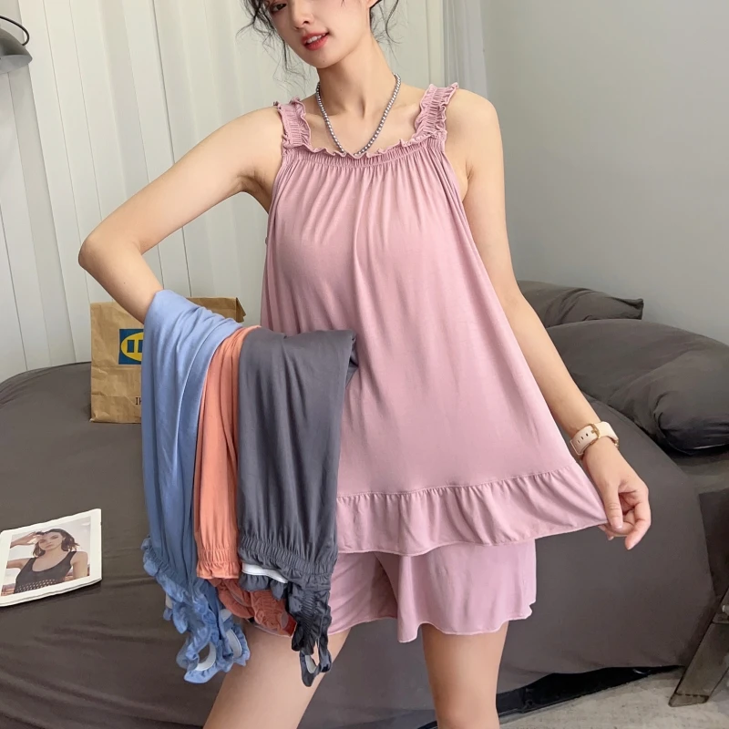 Summer Lightweight Modal Lace Trim Chemise Shorts Set Women's Sleepwear Home Clothes Two-Piece Set Can Be Worn outside