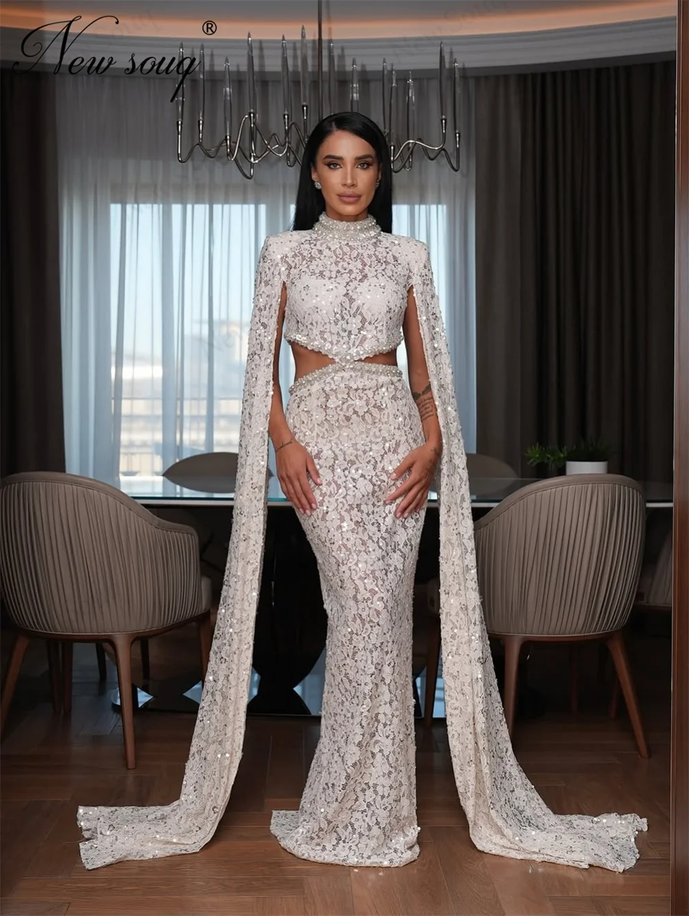 

Two Pieces White Lace Evening Dresses Cape Long Sleeves Women Prom Dress Beaded Wedding Party Gowns Vestidos De Gala Customized