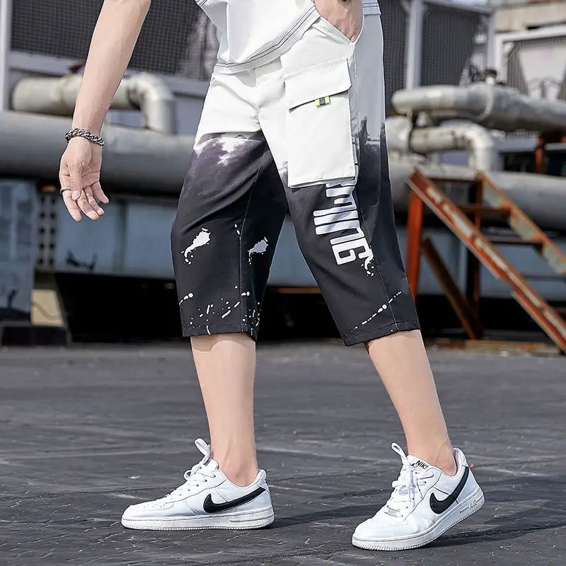 Fashion Pockets Printing Letter Gradient Casual Pants Men's Clothing 2024 Summer New Loose Elastic High Waist Korean Capri Pants