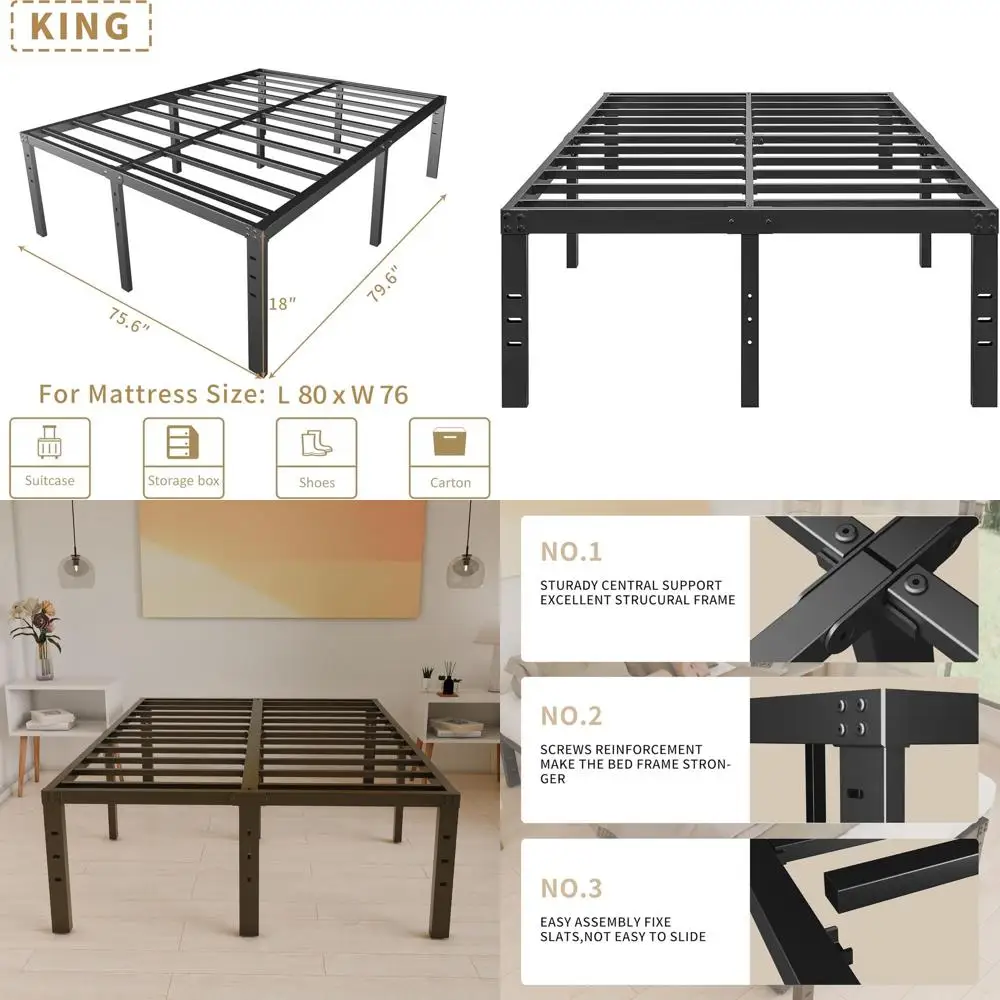 

18-дюймовая прочная металлическая кровать размера King Size - простая сборка, без пружинного блока, с местом для хранения, черная стальная платформа с ламелями