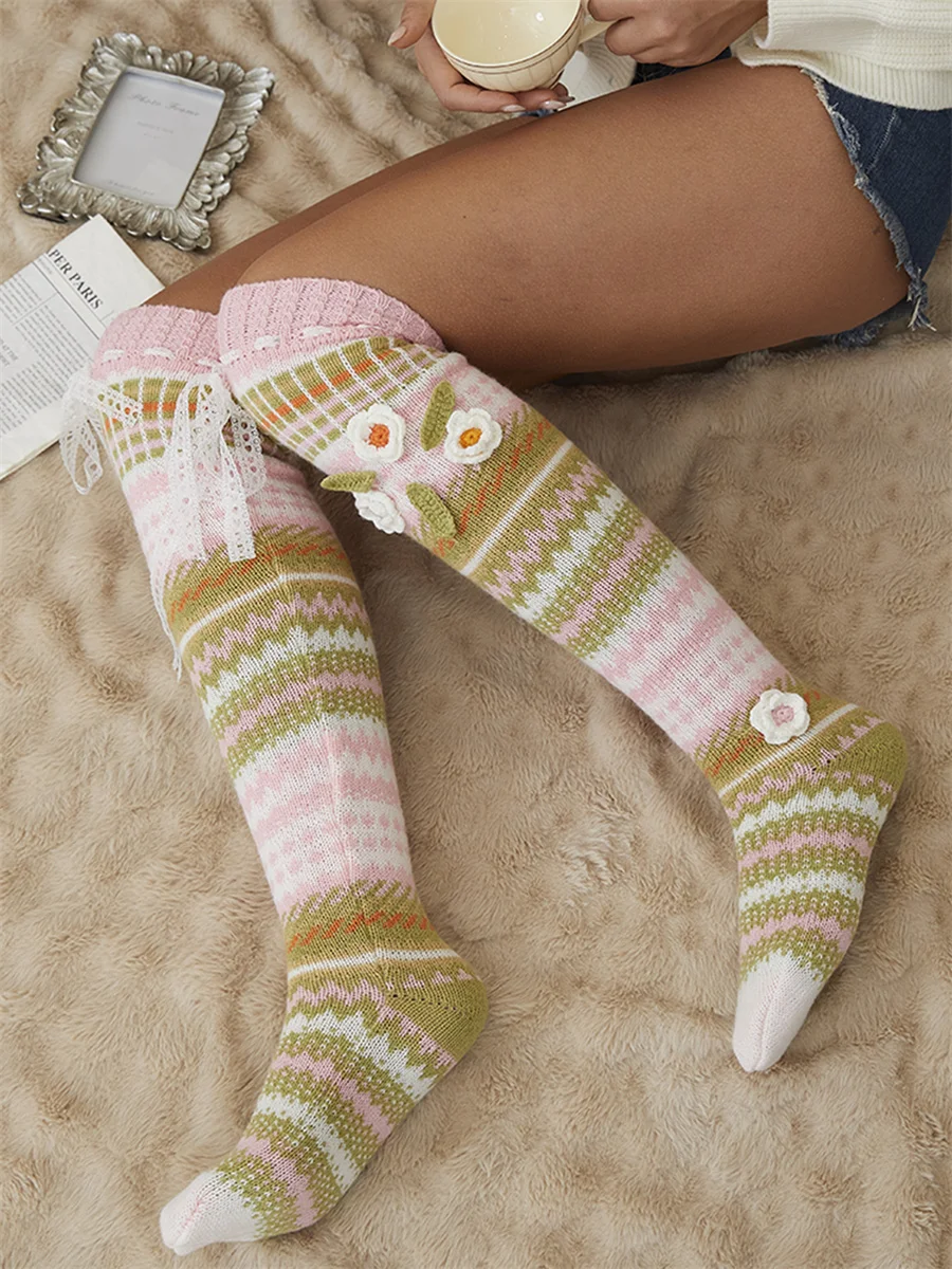 

Knit Long Socks Stylish Warm Floor Socks Fall Winter Women Crochet Thigh High Stockings Lace Flower Embroidery