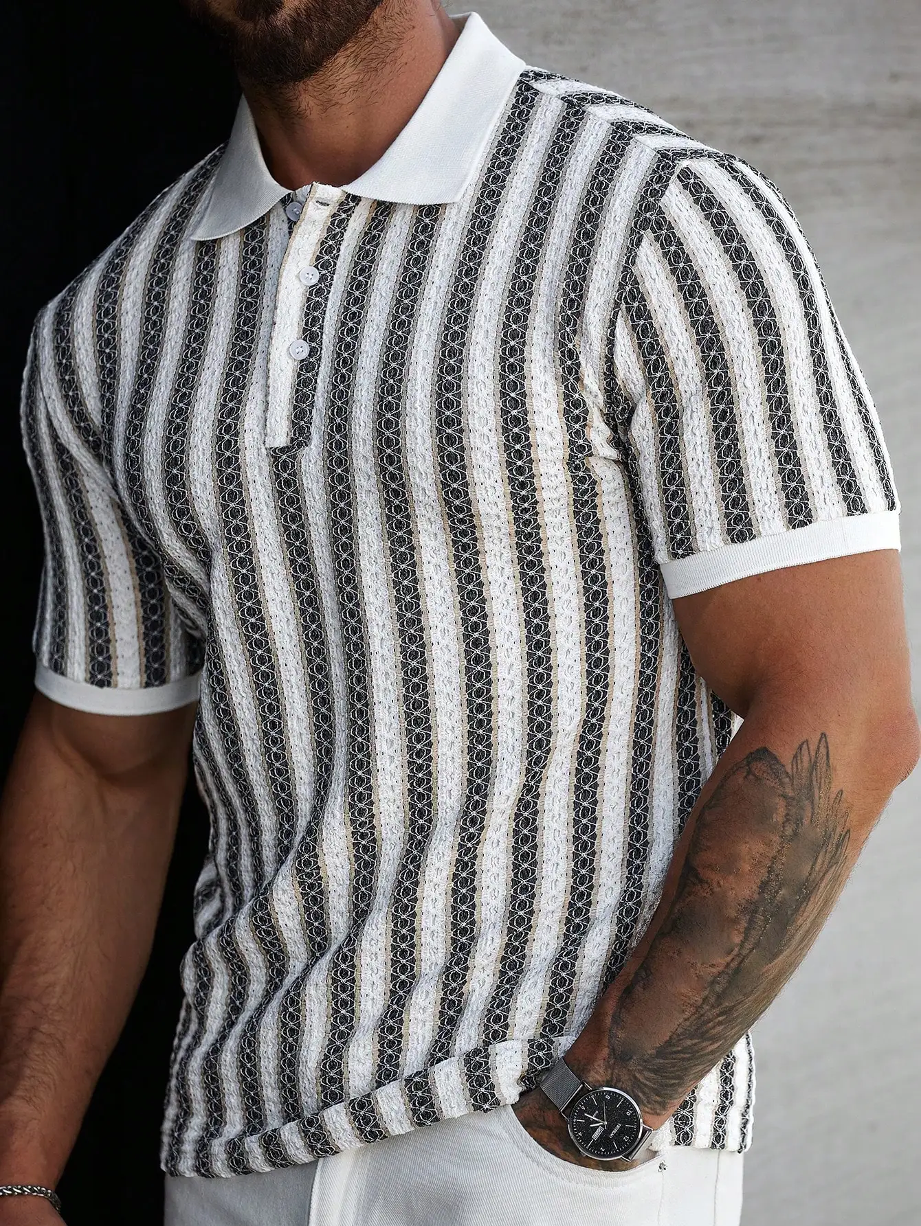 

Men's Short Sleeve Striped Polo Shirt with Geometric Pattern, Casual Summer Wear