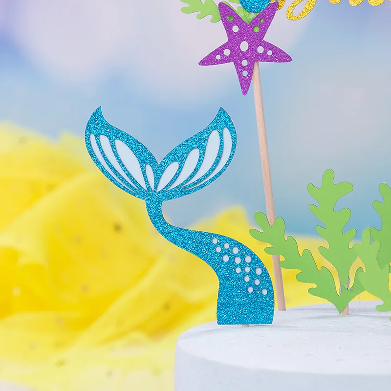 Glitter Mermaid Tail Seahorse Starfish Cake Topper Girl Birthday Party Decoration Supplies Baby Shower Mermaid Party Cupcake