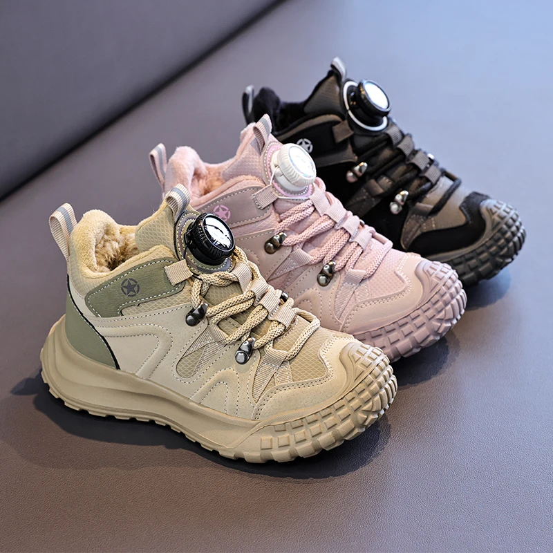 Unisex Boys Girls Outdoor Sneakers 2026 New Winter Kids Warm Fleece Running Shoes Non-slip High Top Chunky Boots Sport Footwear