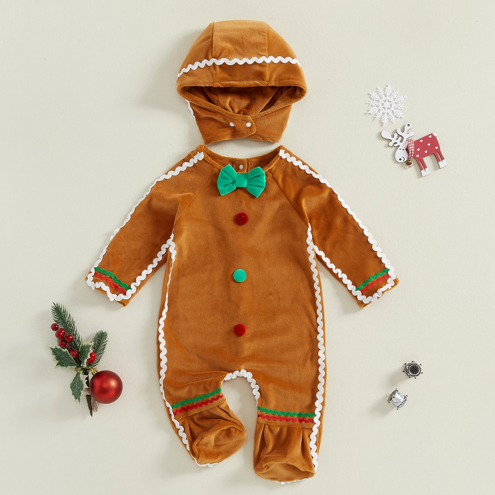 Halloween Toddler Baby Gingerbread Man Rompers Casual Long Sleeve Footed Jumpsuit and Cute Hat for Newborn Girl Boy