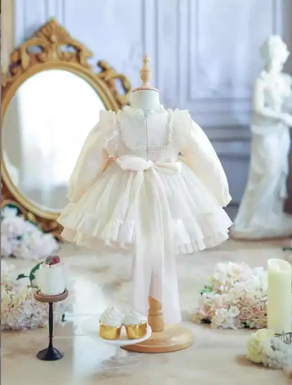 

New Baby Girls Boutique Mesh Long Sleeve Wer Dress, Princess Kids Fairy Fashion Bow Party Dresses 1-7T