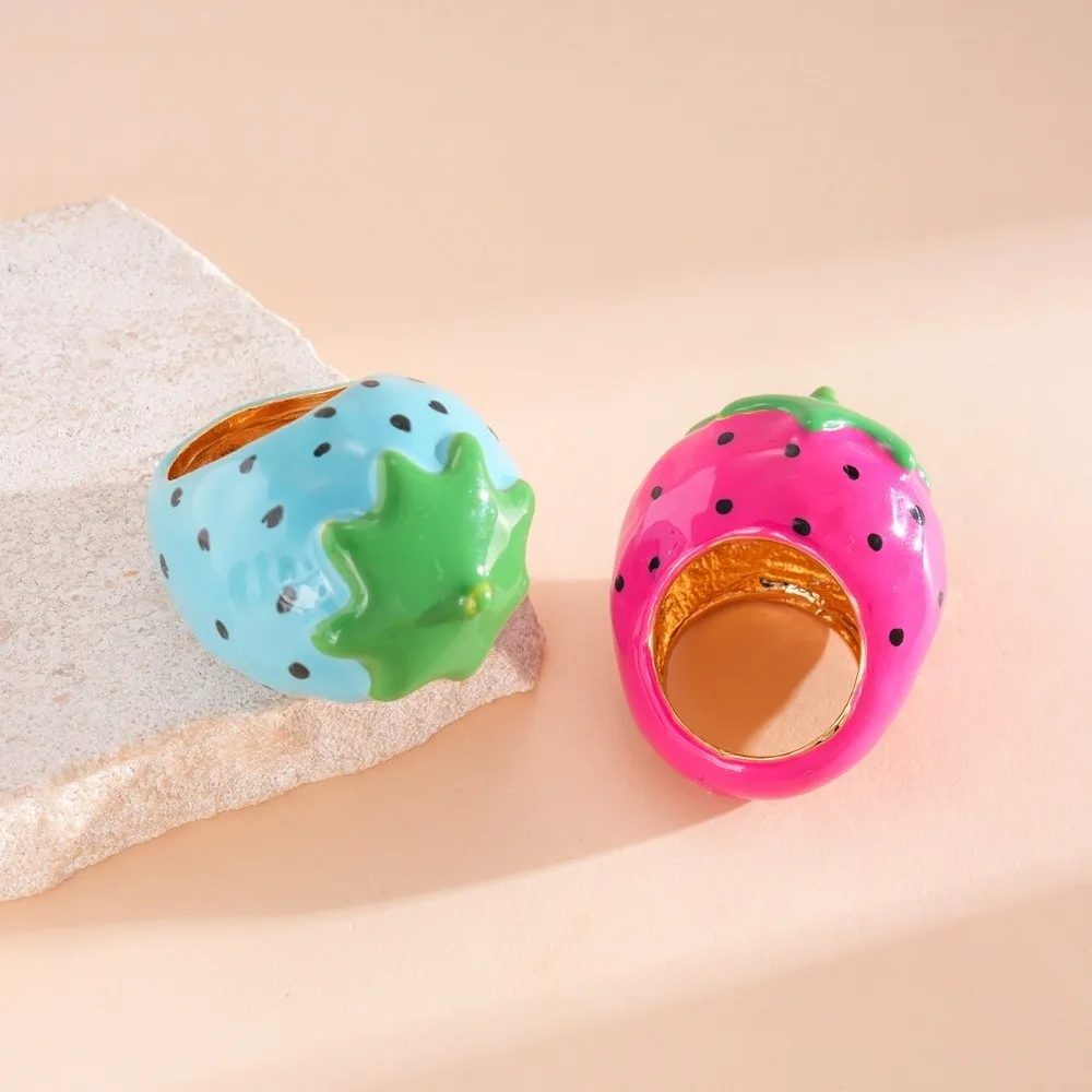 

Flower Enamel Fruit Ring Strawberry Cherry Korean Style Vintage Ring Jewelry Gifts Oil-drop Alloy Big Floral Ring