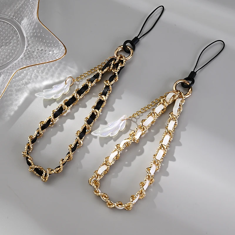 Fashion Classic Acrylic Feather Pendant Telephone Chain Metal Leather Phone Chain For Anti-Loss Cellphone Lanyard Strap Jewelry