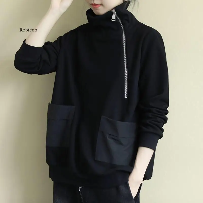 New Thicken Black Sweatershirts for Women Oversized Vintage Sweatshirt Women Clothing Turtleneck Zip Up Hoodie