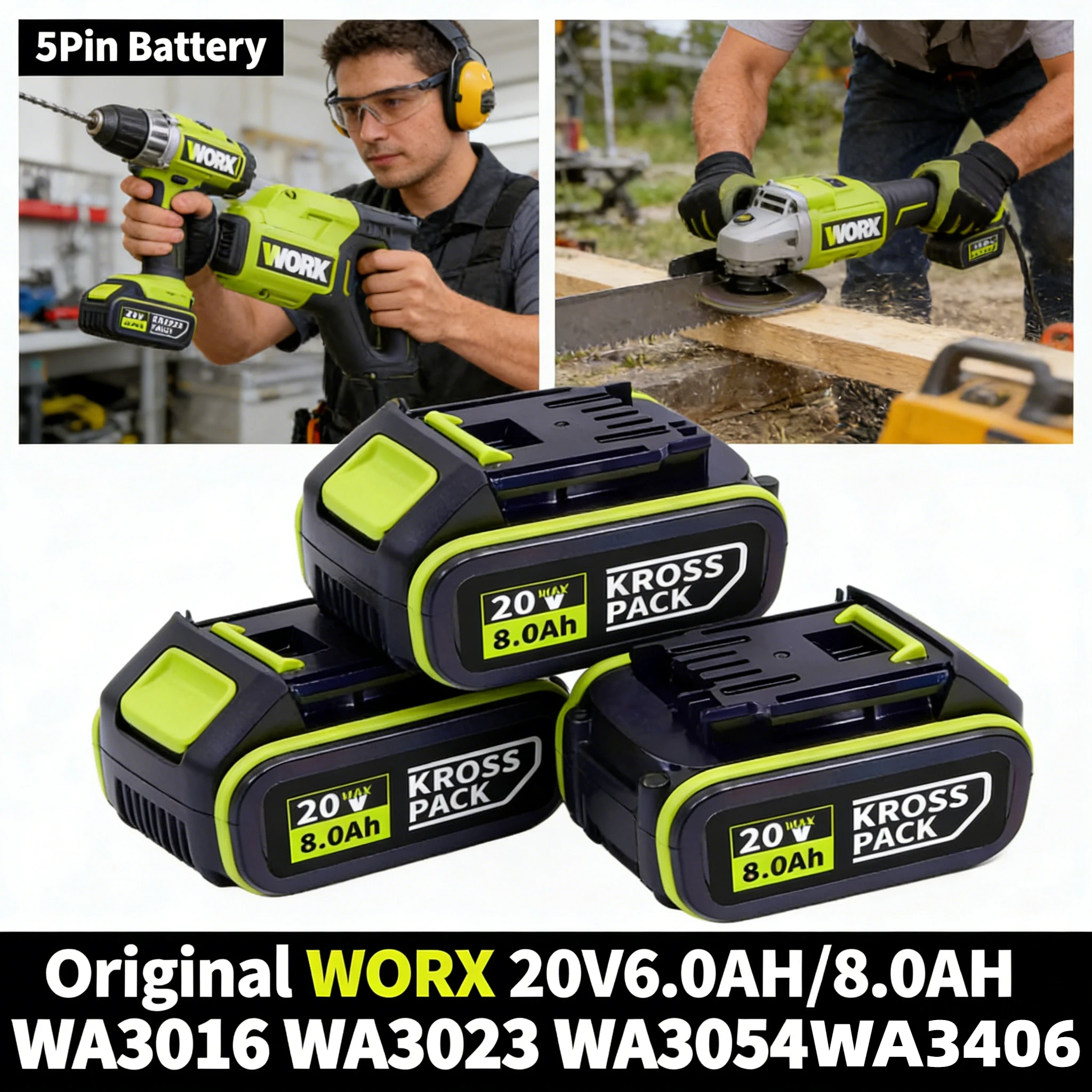 

20V 6.0Ah/8.0Ah 5Pin Li-ion Battery For WORX WA3016 WA3023 WA3027 Replacement Battery For WORX & Dewalt Cordless Power Tools
