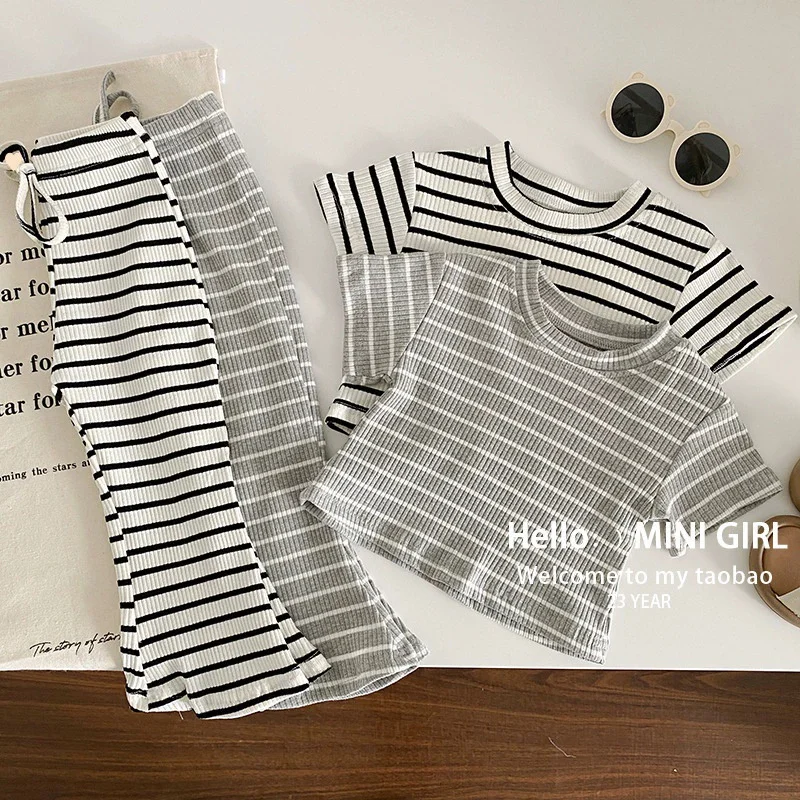 Conjuntos de verano para niñas, traje a rayas a la moda para niños, Top de manga corta con cuello redondo, pantalones, 2 uds., ropa informal Bew