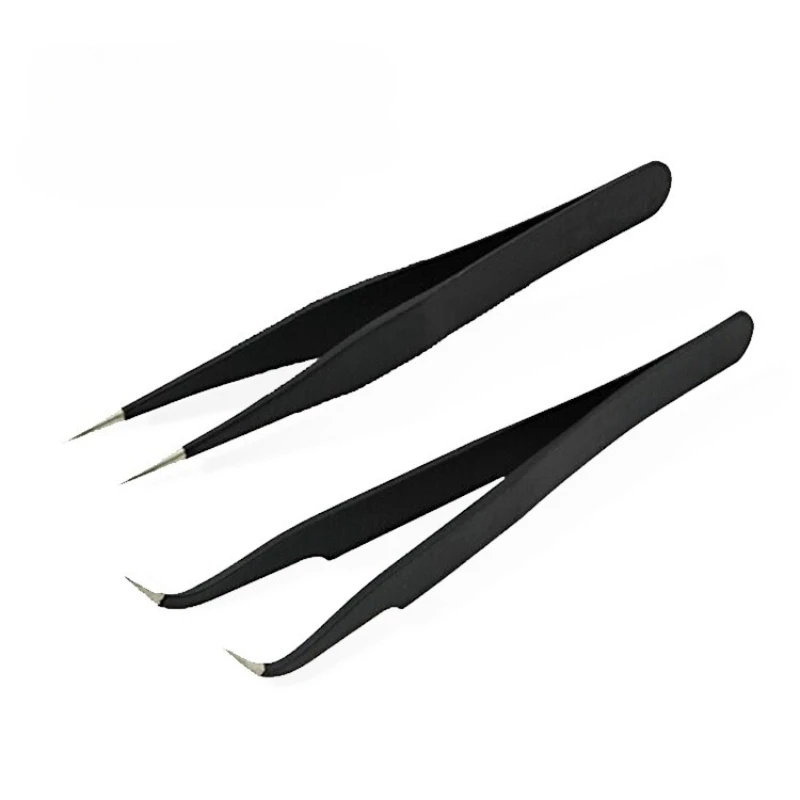 2pcs Black Anit-Static Tweezers Precision DIY Tweezers Maintenance Industrial Repair Home Working Model Making Hand Tools Set