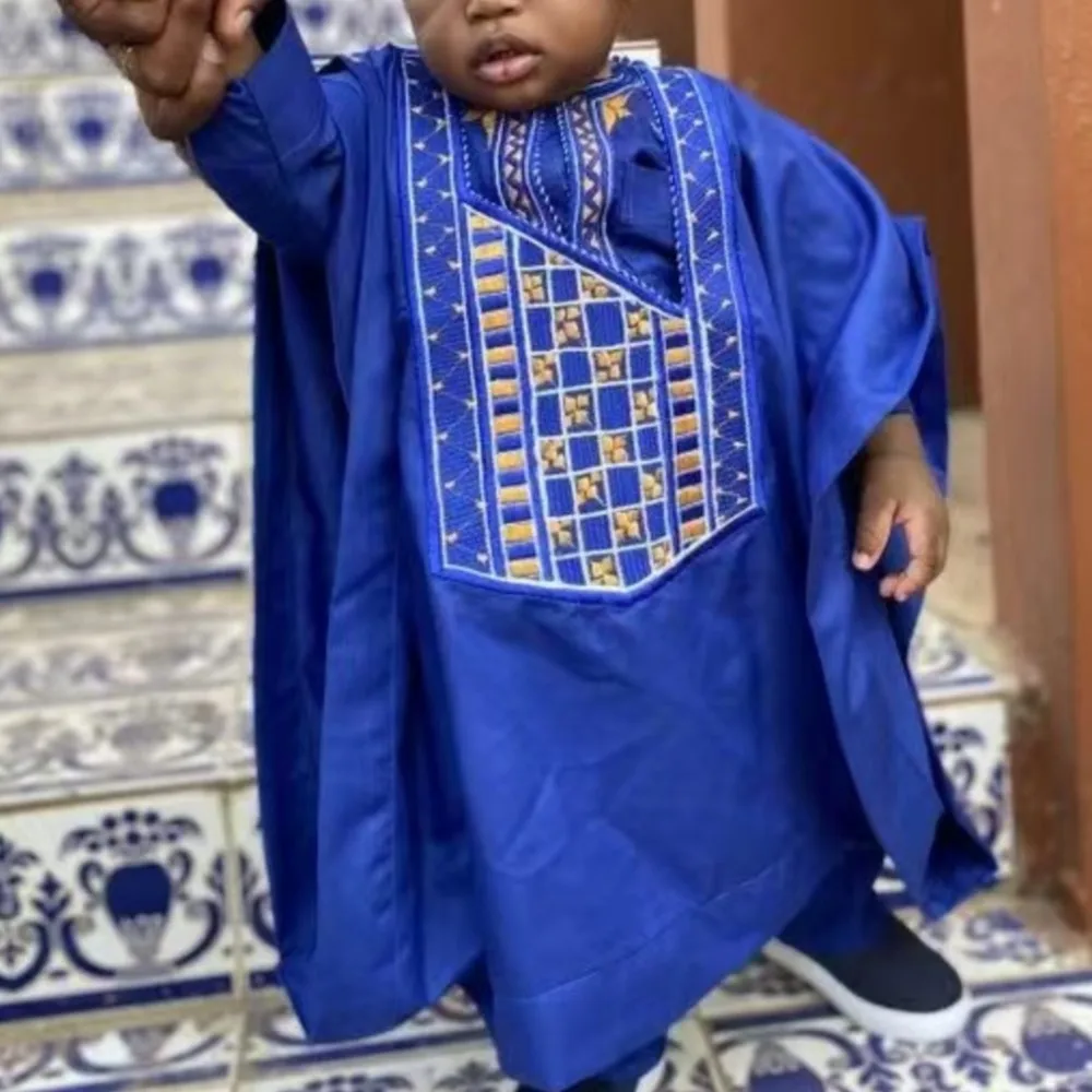 

H&D African Children Clothes Traditional Ankara Dashiki For 2-10 Years Boys 3PCS Embroidery Thobe Fashion Bazin Blue Kaftan 2025