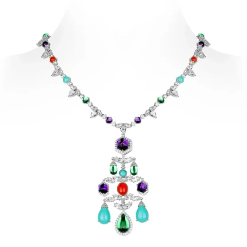 Bellux Pendant Chain 925 Silver Synthetic Zircon Multicolored Gemstone Water Drop Full Diamond Luxury Tassel Long Necklace