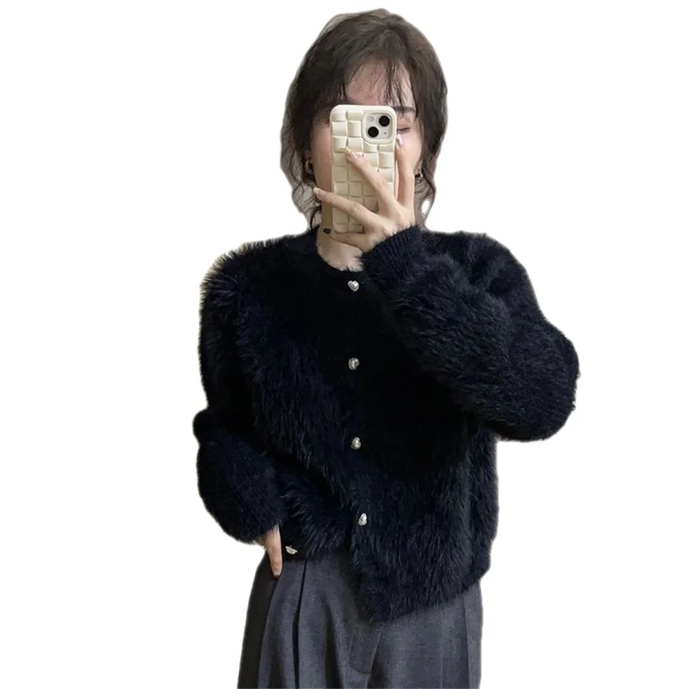

Fashion Fluffy Mohair Cardigan for Women Korean Style Round Neck Fur Sweater Woman Autumn Winter Button Up Warm JJ875