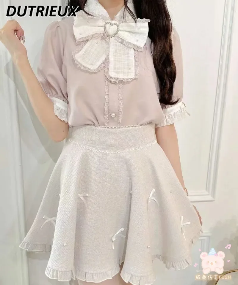 Japanese Rojita New Rhinestone Love Big Bow Shirt Mine Mass-Produced Pearl Blouse Summer Solid Color Short Sleeve Tops