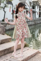 Summer girls and children's fashionable Chinese style pearl printed mesh standing collar short sleeved dress for 3-9 years old