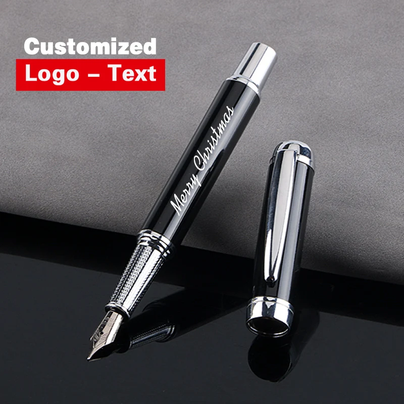 Stylo plume en métal noir avec logo personnalisé, stylos cadeaux pour l'écriture, papeterie scolaire, bureau, luxe, 0.5mm