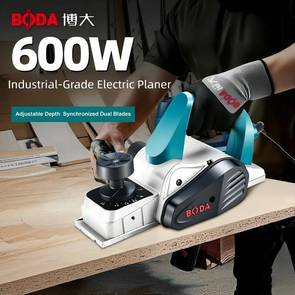 BODA PL8-82E 600W Industrial Electric Planer – Aluminum Housing, Adjustable Depth, Dual Blades, Accessories Included
