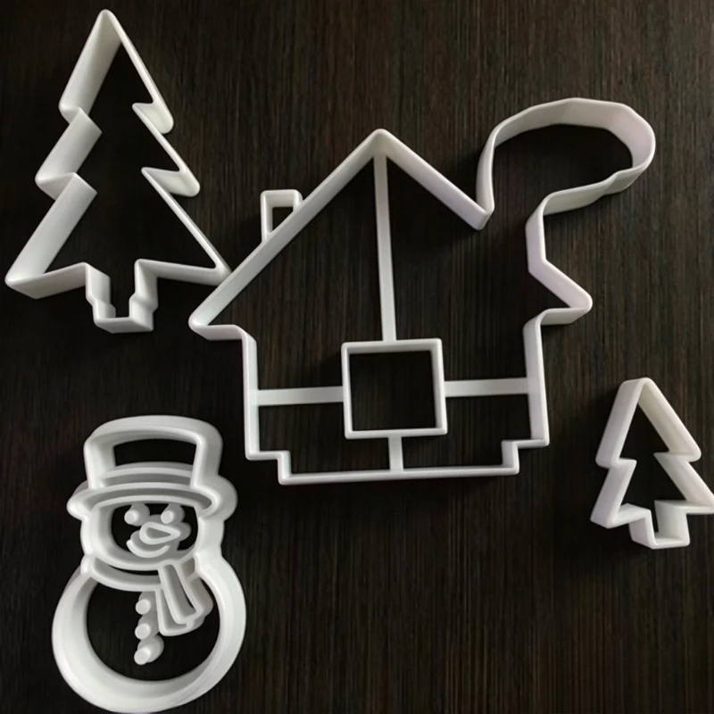4Pcs Christmas Gingerbread House Cookie Cutter Set, Tree Snowman Plastic Baking Molds, Reusable Fondant Cutter for Holiday Party