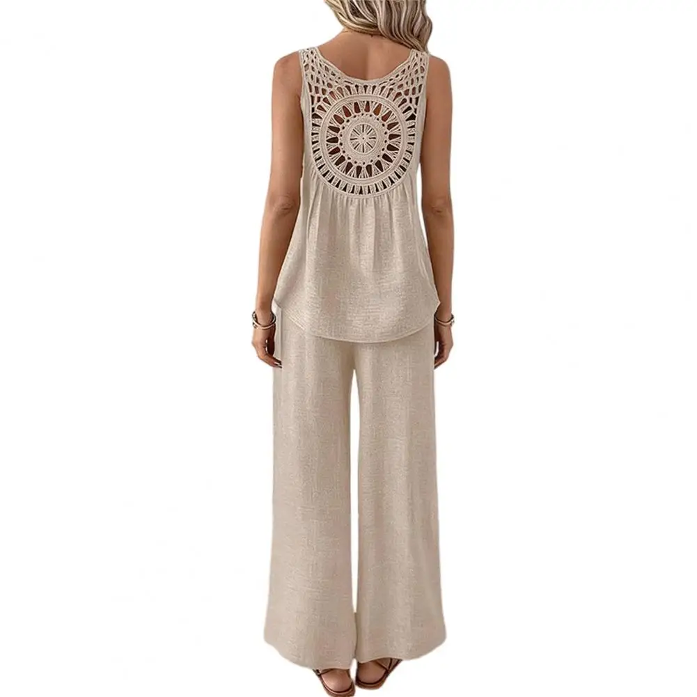 

Elegant Back Hollow Out Top Wide Leg Pants 2-piece Set 2026 New Women's Sleeveless Vest Pants Set Woman summer