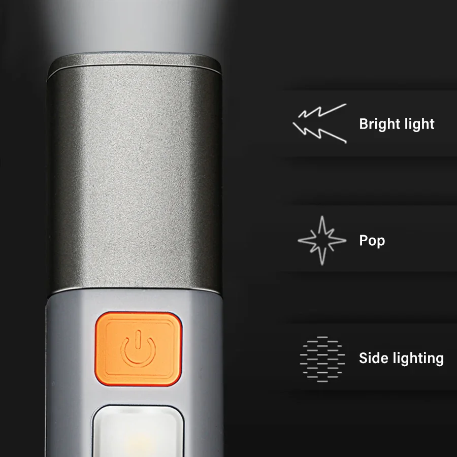 Portable Strong Light LED Zoom Flashlamp Built-in Battery USB Rechargeable with Hook Camping Hanging Lamp COB Side Lamp