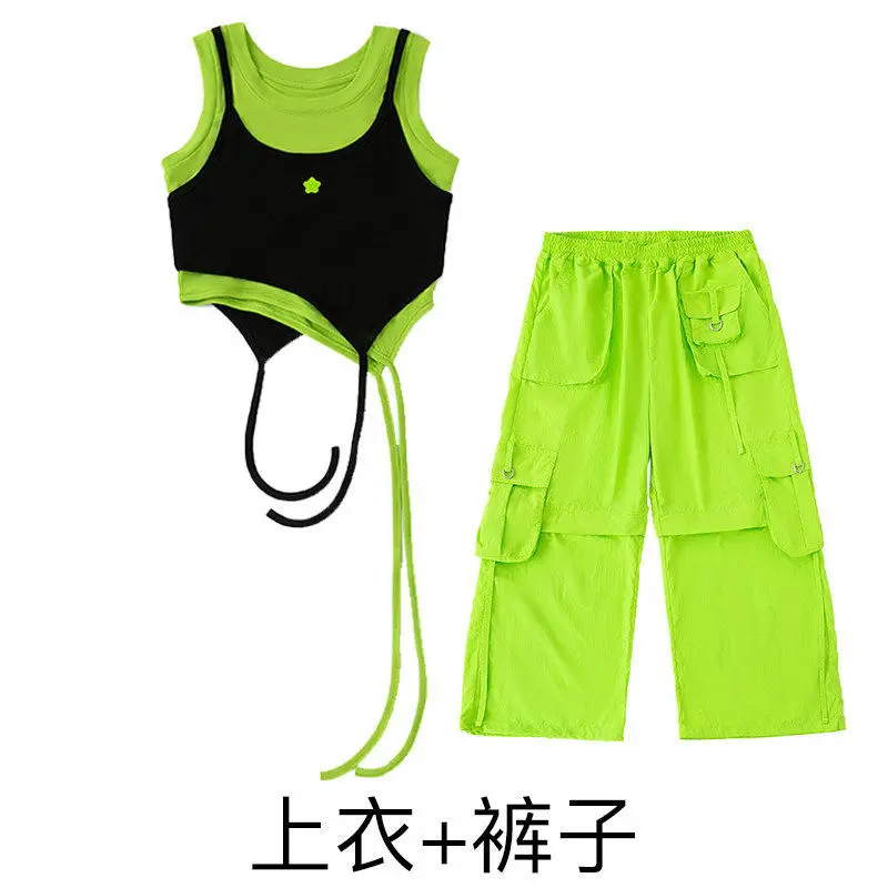 Kid Kpop Hip Hop Clothing Black Green Layered Crop Tank Top Casual Knee Zip Cargo Pants for Girls Street Dance Costumes Clothes 6