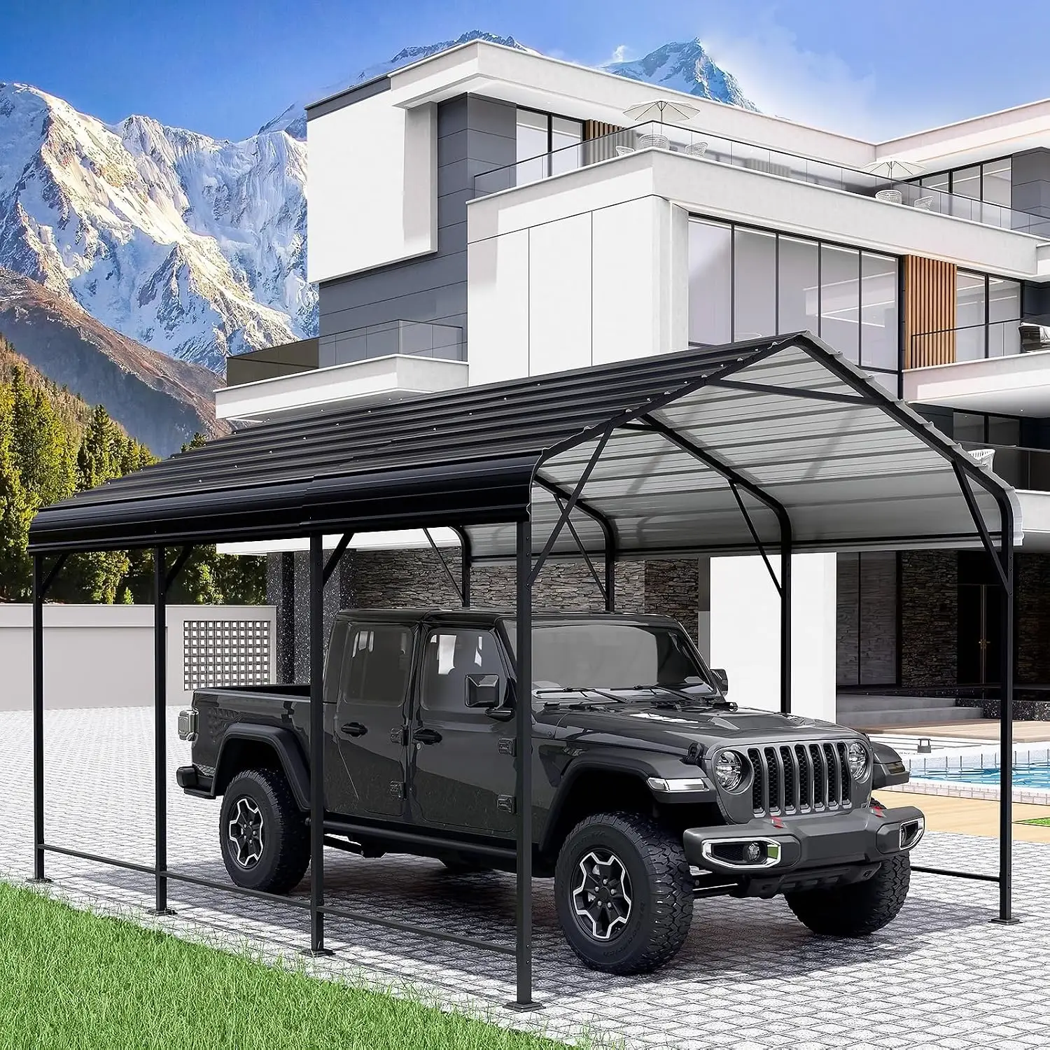 10x15 FT Heavy-Duty Metal Carport, Galvanized Steel Car Canopy with Reinforced Base Frame, Outdoor Shelter for, Customized