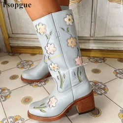 Western Mid Calf Big Size Flower Stylish Boots Thick Heel Women Shoes Slip On Round Toe 2024 Fashionable Zapatos Para Mujere