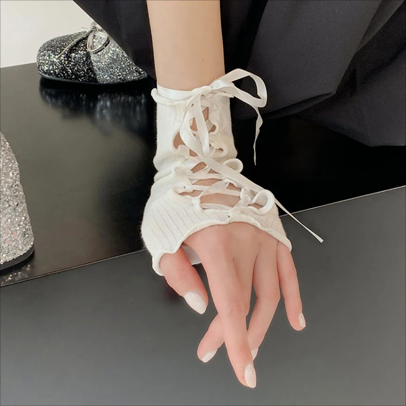 1Pair Lolita Style DIY Gloves Sweet Girl Lace Up Ruffles Arm Sleeve JK Gothic Fingerless Glove For Women Halloween Accessories