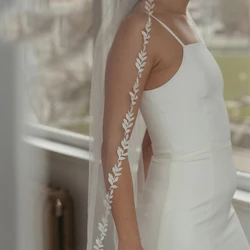 NZUK Leaf Lace Edge Wedding Veils With Comb Cathedral Bridal Veil Thin Lace Trim Mantilla Veu