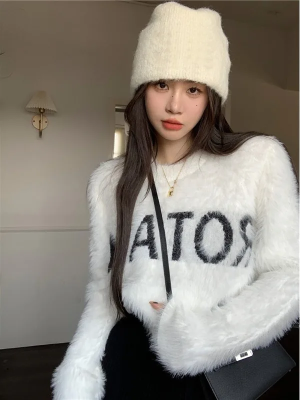 

White ort Knitted Sweater Women's Soft Warm Autumn Winter New Sle Korean Version Water Rabbit Fur Top Trendy Commute