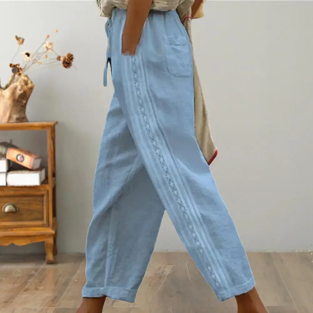 Vintage Plain Cotton Linen Pants Women Sexy Side Hollow Lace Design Trousers New Spring Summer Pocket Tie-up Sweatpants