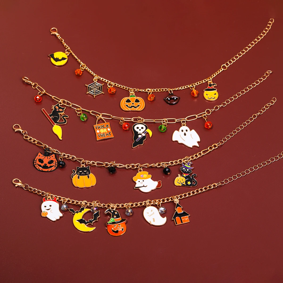 Pulseras con colgante de calabaza y calavera para mujer, serie de Halloween, divertido fantasma, araña, murciélago, cadena de Metal, pulsera con dijes, regalos de joyería para fiesta