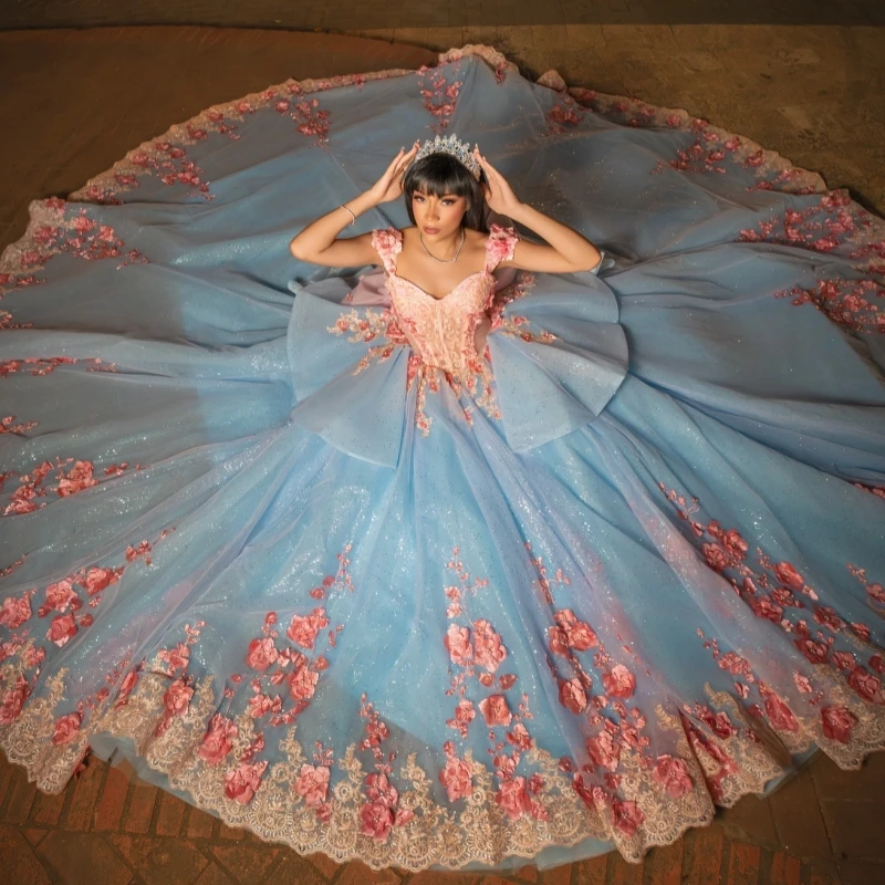 

Небесно-голубое блестящее платье Quinceanera с открытыми плечами, аппликация, цветок, бисер, бант, тюлевое платье для вечеринки, дня рождения, сладкое платье 16, Vestidos 15