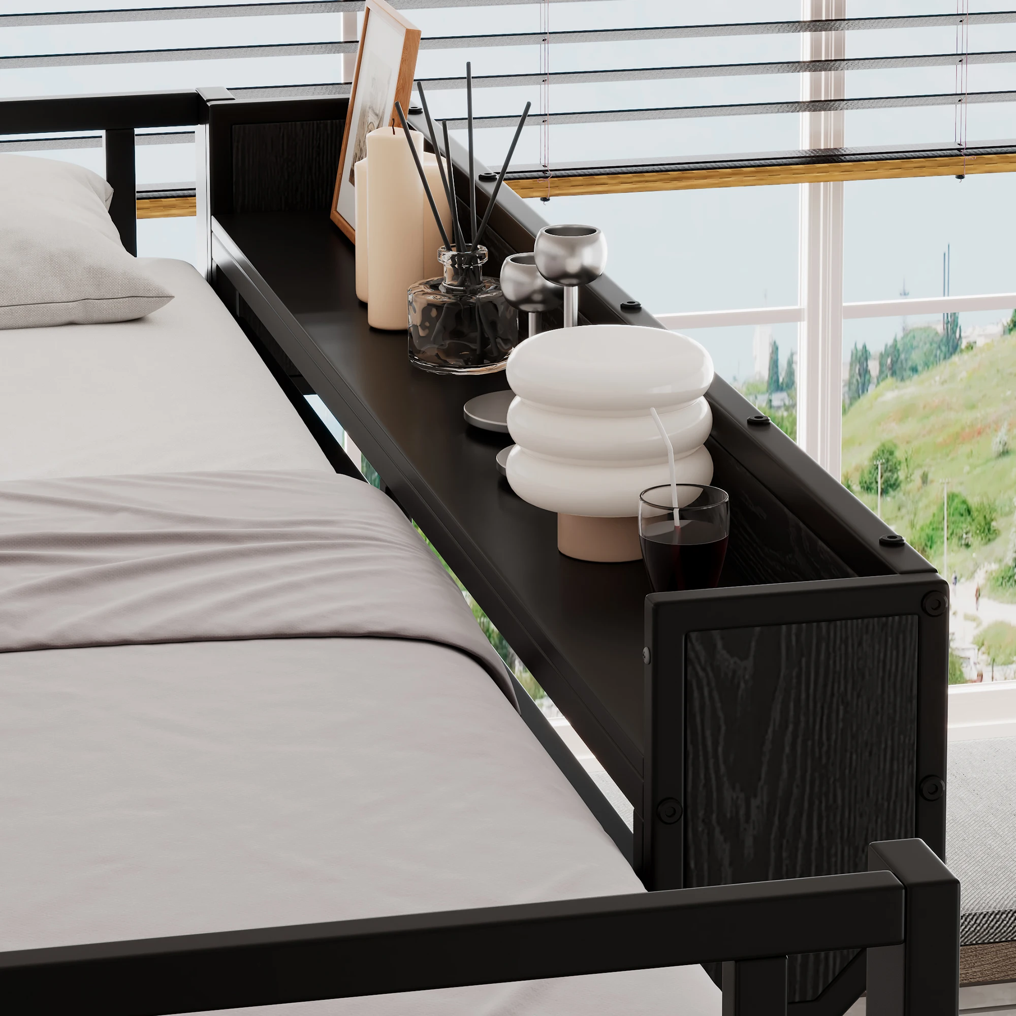 PINGGO Eisen-Hochbett mit Schreibtisch, Doppelstauraum, Kleiderschrank, Eisen-MDF, Schwarz, 140x200cm, ohne Matratze – Detail 3