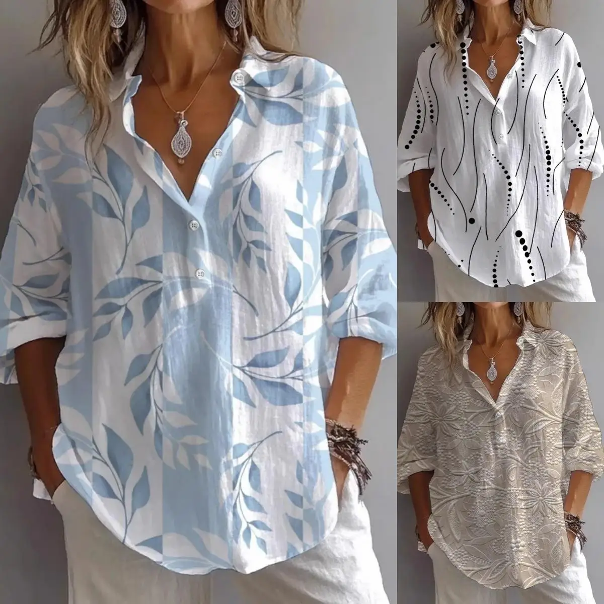 

Elegant Printed Collar Long Sleeve Shirt Top for Women Polyester Fabric Fashionable Women's Clothing Easy Care Durable