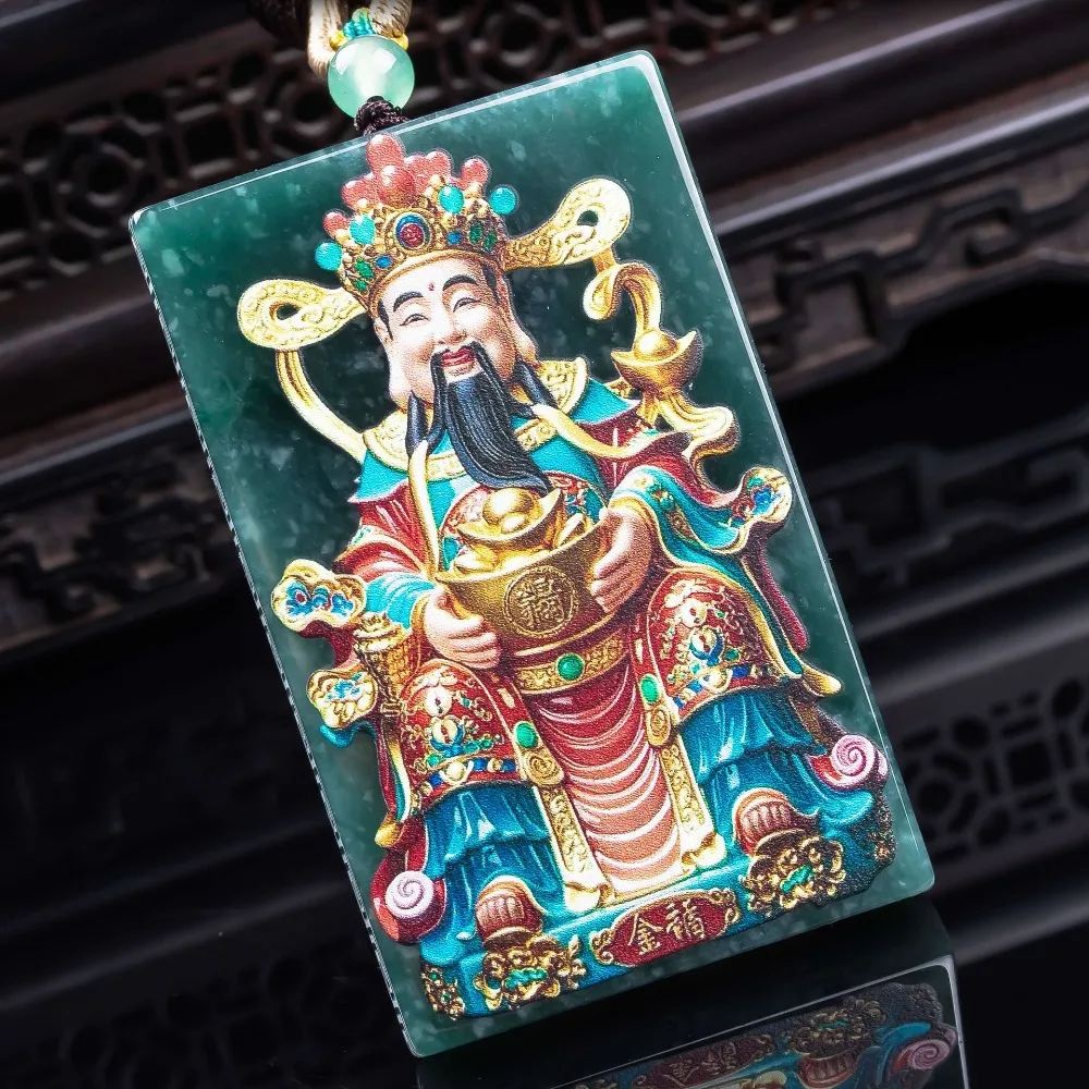 Natural A-grade Jade God of Wealth Blue Water Double sided Precision Spray painted High Ice Jade Pendant Jade safety necklace