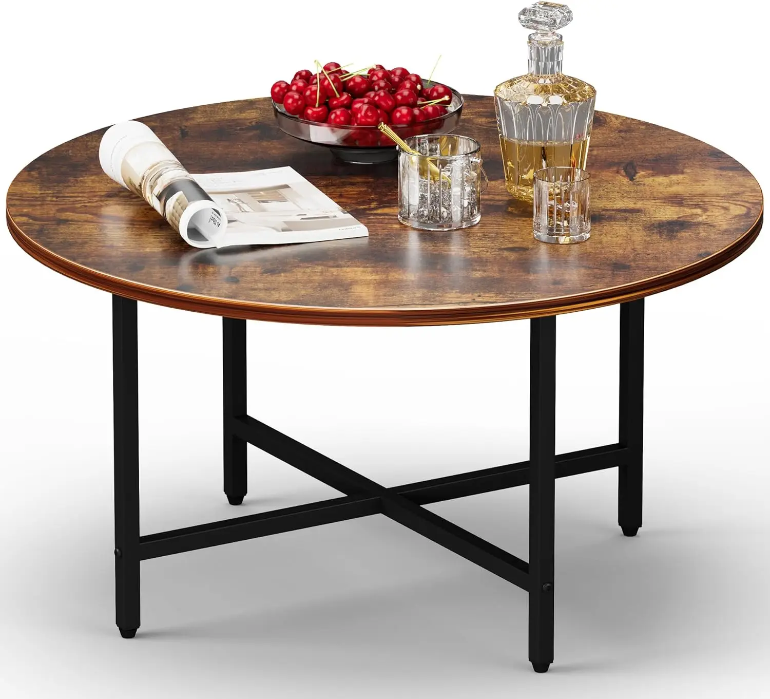 

23.6"D x 17.7"H Small Round Coffee Table - Farmhouse Rustic Brown Wood Table with Metal Frame, Floor Desk for Sitting on Floor