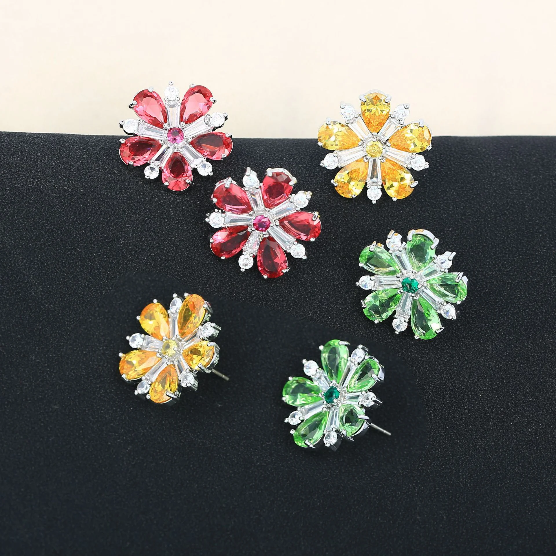 925 Silver Needle Luxury Rainbow Flower Gemstone Stud Earrings, Elegant Bridal Wedding Jewelry Gift for Women