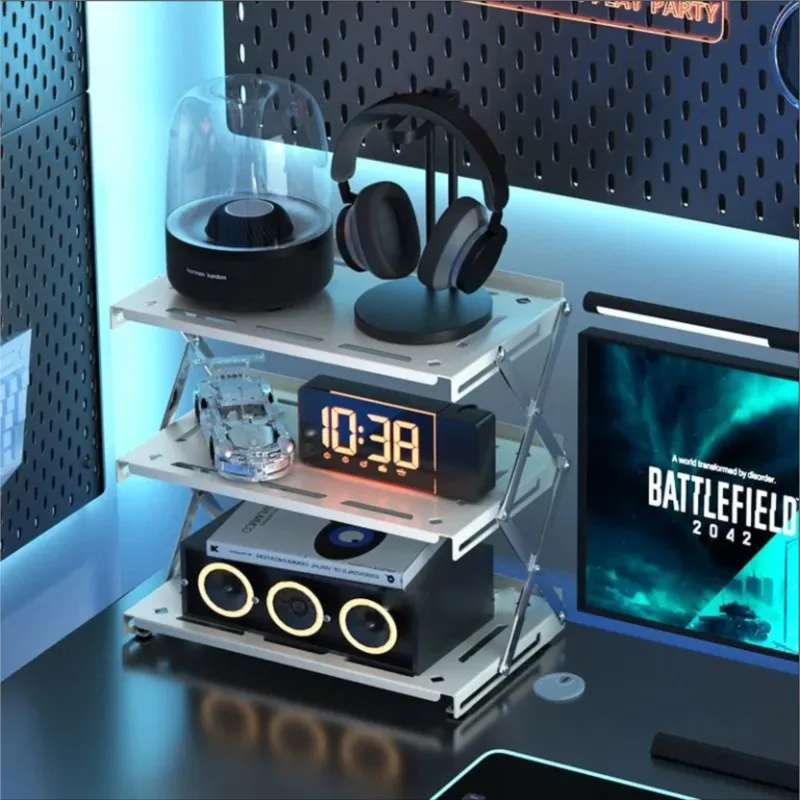 Suporte de armazenamento dobrável para mesa, suporte para xícaras de café, rack portátil para sala de jogos, mesa de computador, rack de armazenamento de várias camadas ZI626